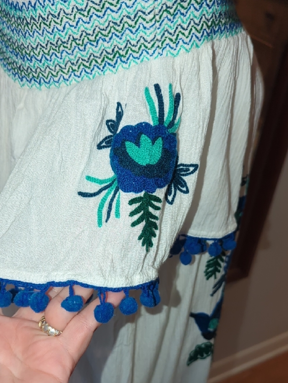 White Off-Shoulder Midi Dress with Blue & Green Embroidery - Picture 6 of 10